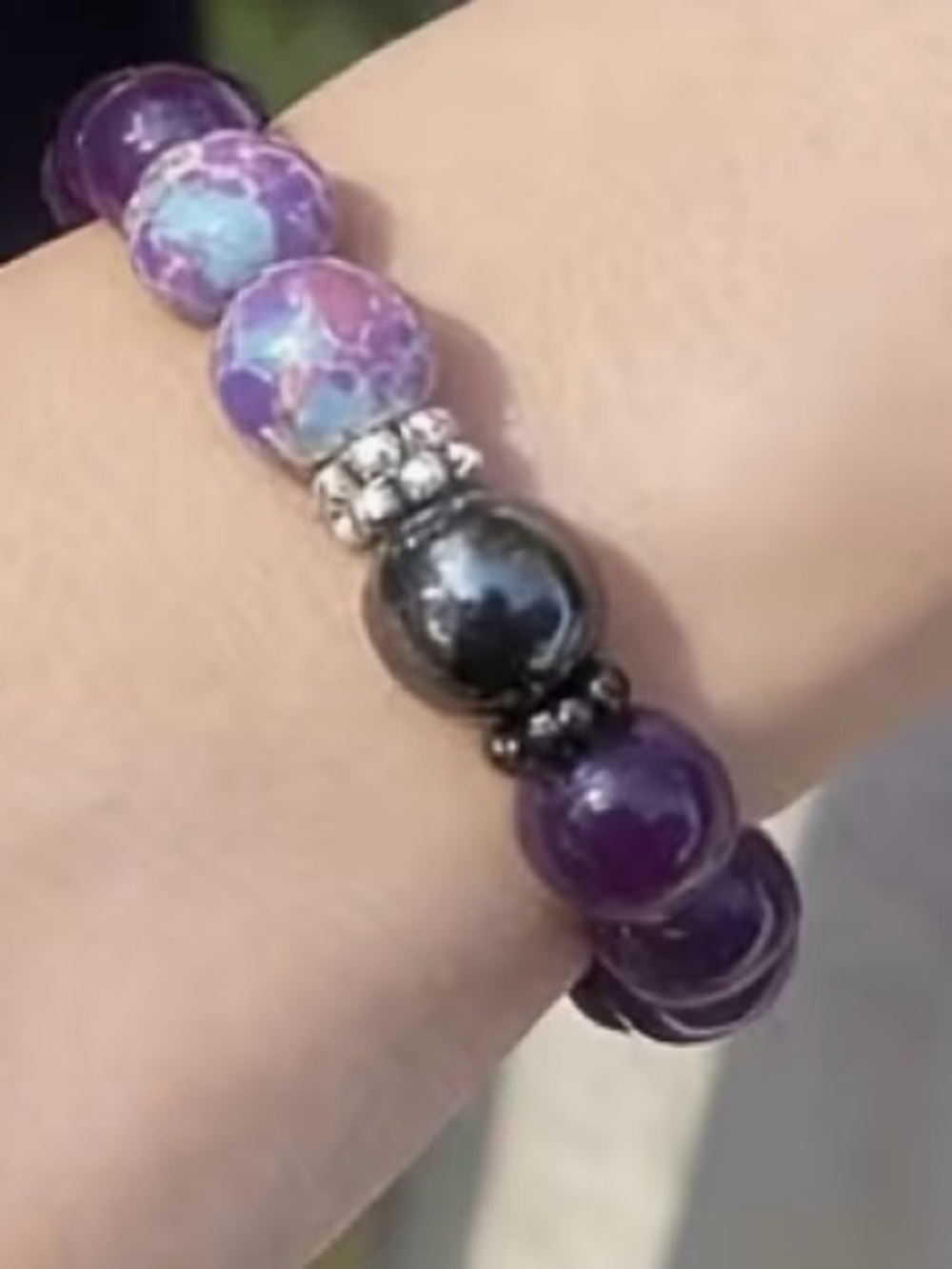 Amethyst Beaded Stretch Bracelet with Marbled Accent Beads and Hematite Detail